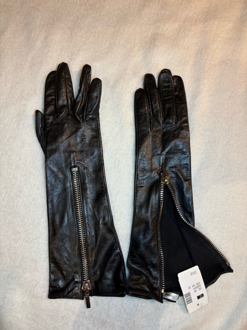 Women’s Black Leather Long Gloves with Front Zip